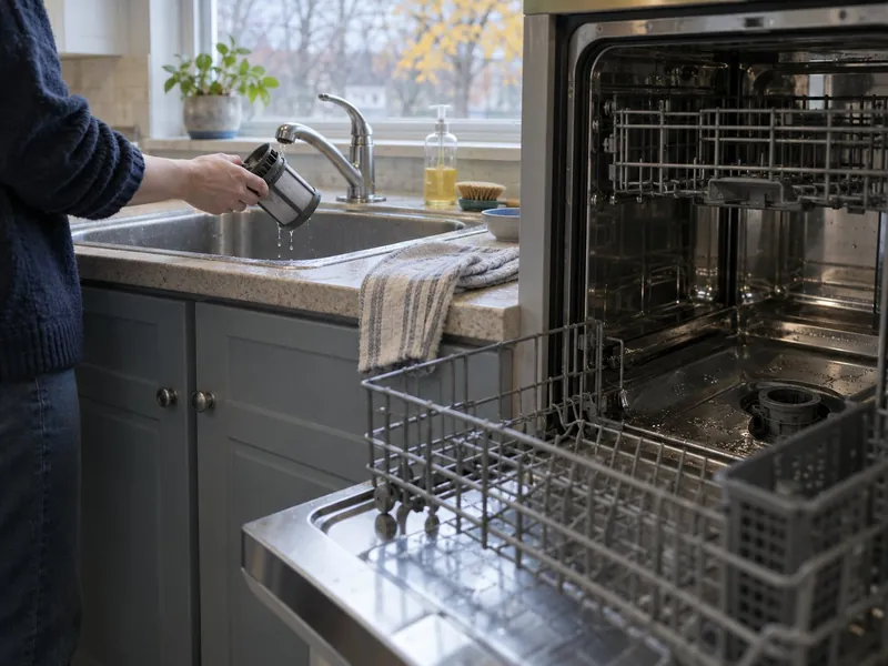 Open dishwasher with the lower rack out while the filter is rinsed at the kitchen sink