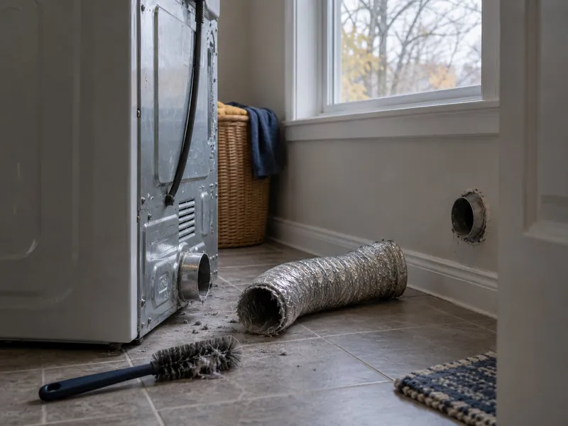 Back of a dryer pulled from the wall, the foil vent duct disconnected and a lint brush on the floor
