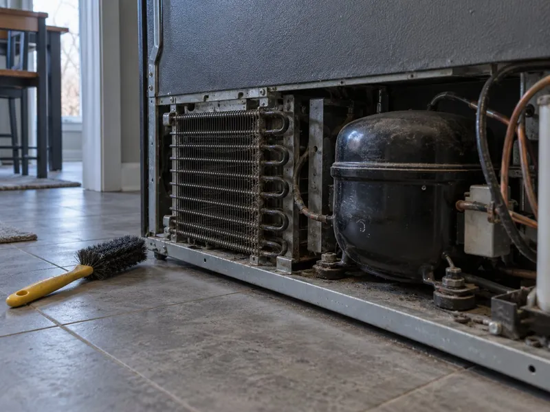 Condenser coils and compressor at the bottom back of a fridge, a coil brush on the floor