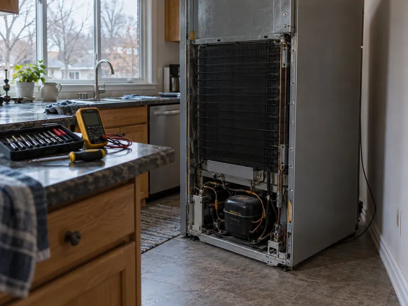 Fridge pulled out from the wall with the back panel off, a multimeter and screwdriver set on the counter