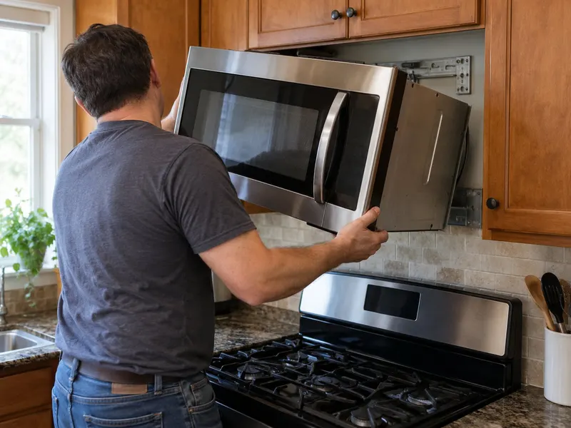 Stainless over-the-range microwave mounted under a wall cabinet above a range, its door open