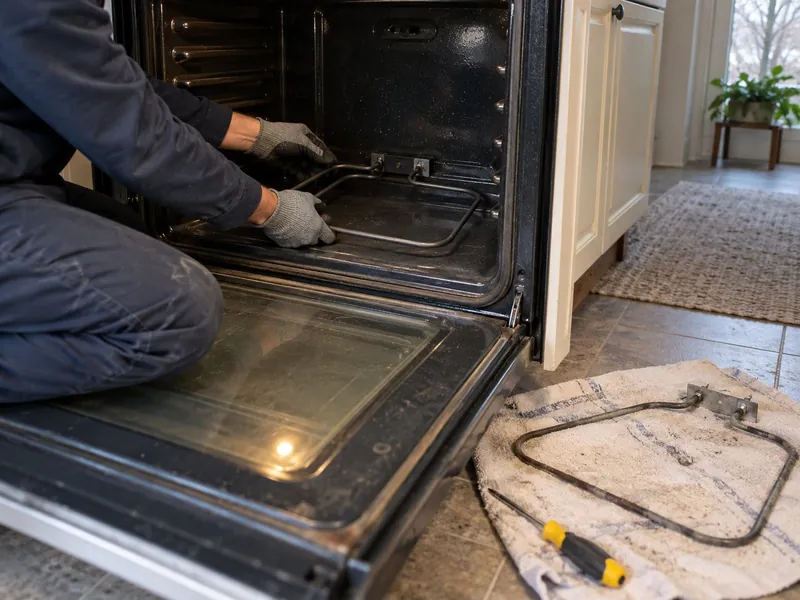Gloved hands replacing the bake element in an open electric oven, the old element on a towel