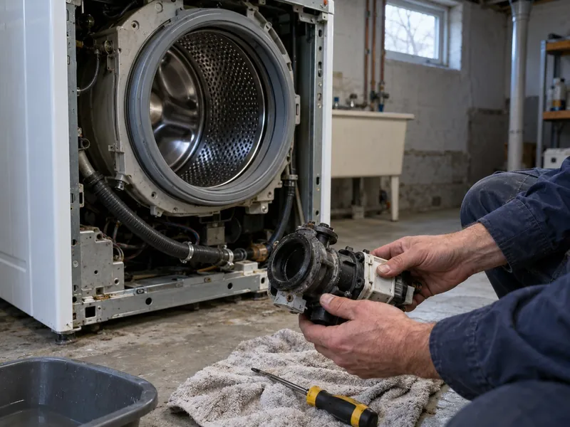 Technician holding a drain pump taken out of a front-load washer with the front panel removed